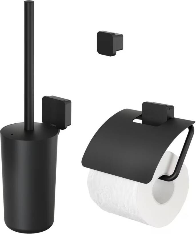 Geesa Toiletaccessorieset Topaz | Toiletborstel met houder Toiletrolhouder met klep Handdoekhaak | Zwart
