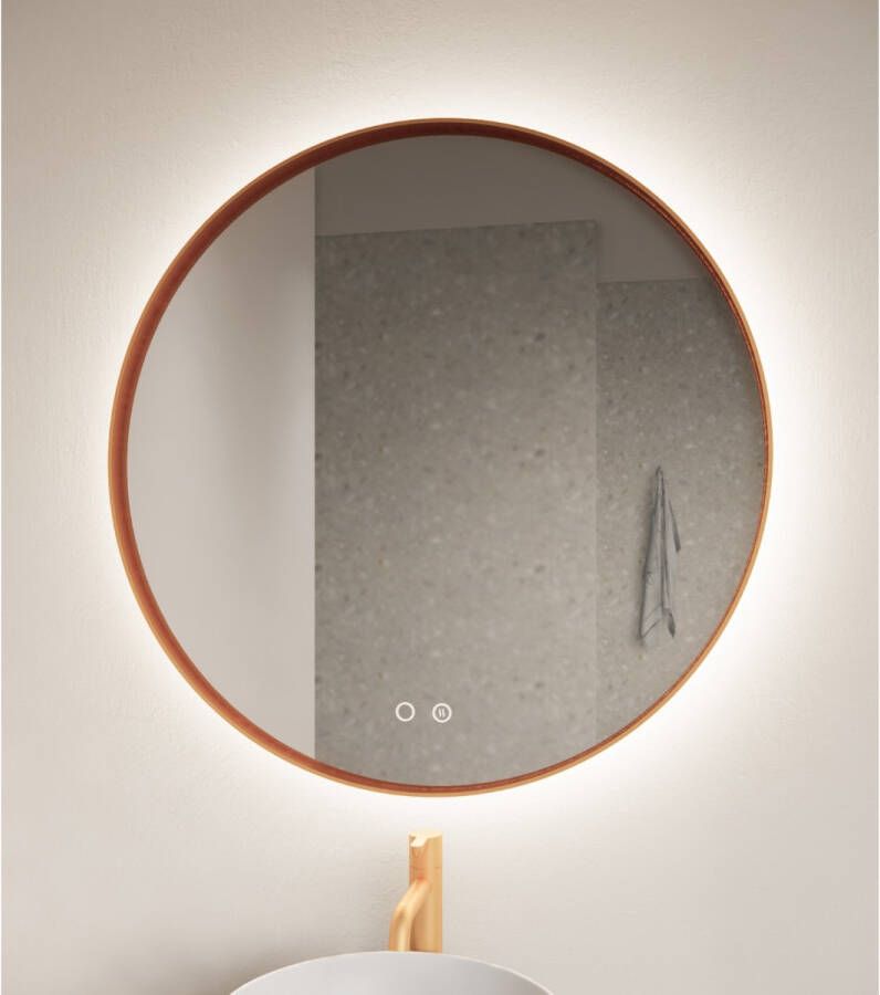 Gliss Design Badkamerspiegel Athena | 100 cm | Rond | Indirecte LED verlichting | Touch button | Spiegelverwarming | Koper metalen rand