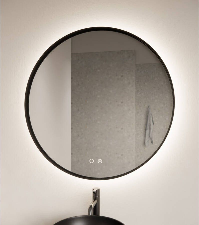 Gliss Design Badkamerspiegel Athena | 100 cm | Rond | Indirecte LED verlichting | Touch button | Spiegelverwarming | Zwart metalen rand