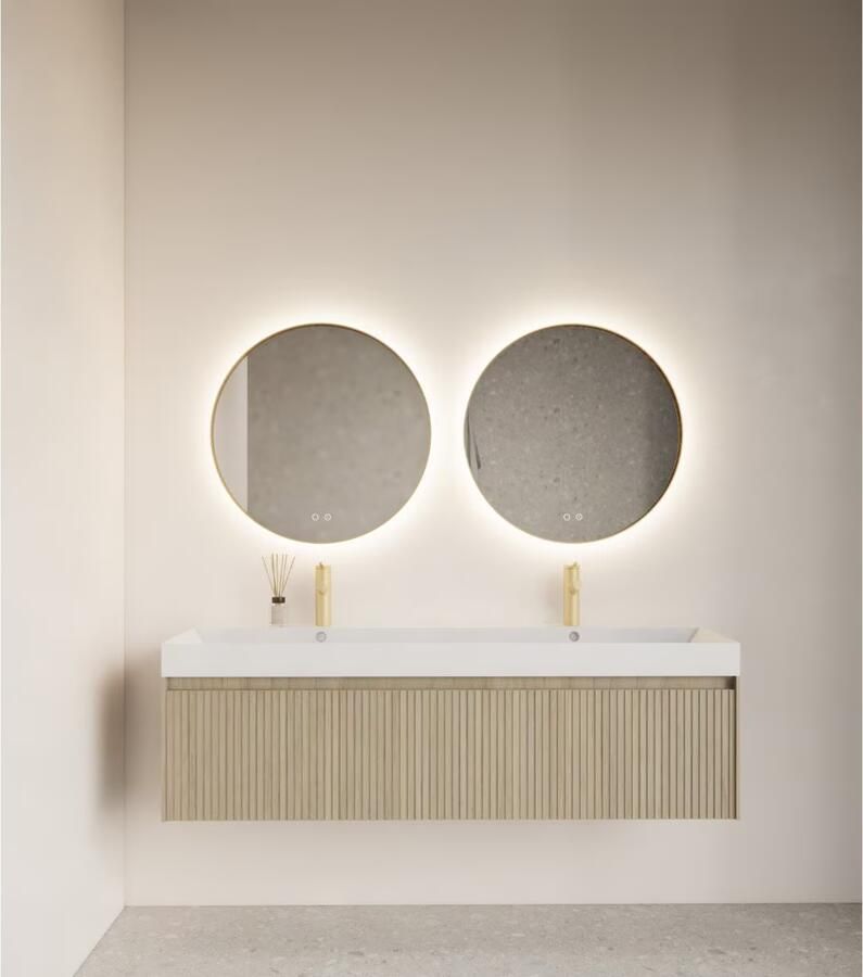 Gliss Design Badkamerspiegel Athena | 40 cm | Rond | Indirecte LED verlichting | Touch button | Spiegelverwarming | Mat goude metalen rand