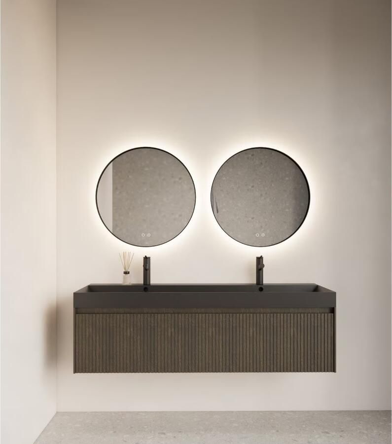 Gliss Design Badkamerspiegel Athena | 40 cm | Rond | Indirecte LED verlichting | Touch button | Spiegelverwarming | Mat zwarte metalen rand