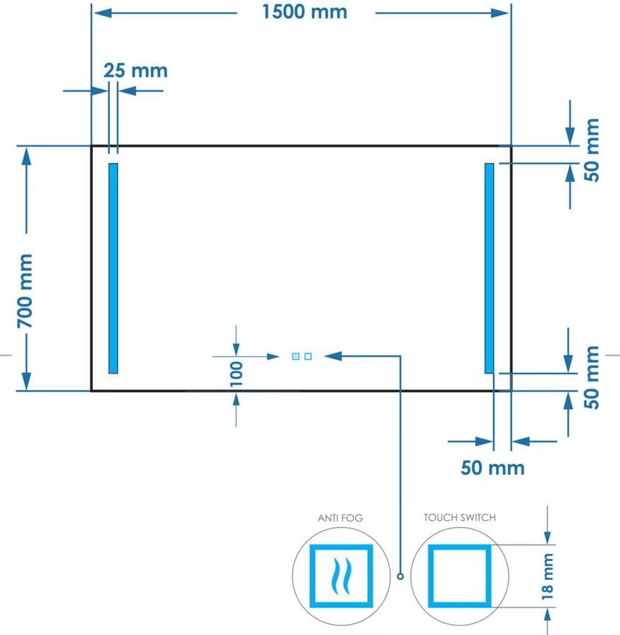 Gliss Design Badkamerspiegel Veri | 150x70 cm | Rechthoekig | Directe LED verlichting | Touch button | Met spiegelverwarming