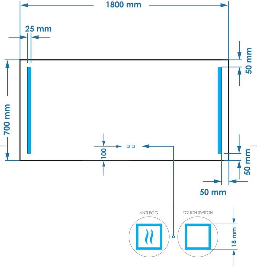 Gliss Design Badkamerspiegel Veri | 180x70 cm | Rechthoekig | Directe LED verlichting | Touch button | Met spiegelverwarming