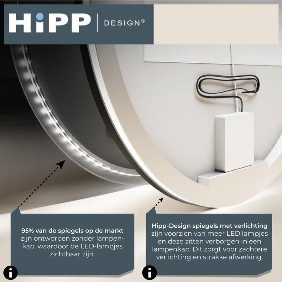 Hipp Design Badkamerspiegel SPV13500 | 60 cm | Rond | Indirecte LED verlichting | Touch button | Met spiegelverwarming | Gunmetal frame