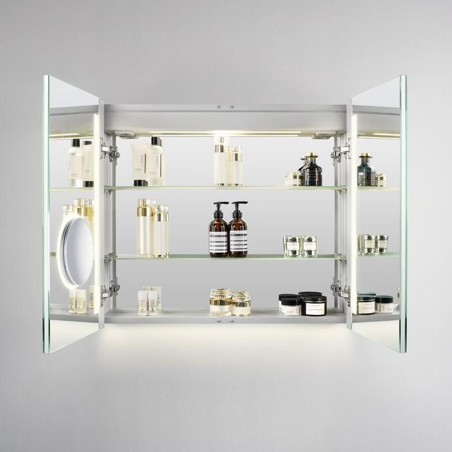 Hipp Design Spiegelkast SPK42000 | 80x70x14 cm | 2 Deuren | Directe LED verlichting | Aluminium | Met spiegelverwarming
