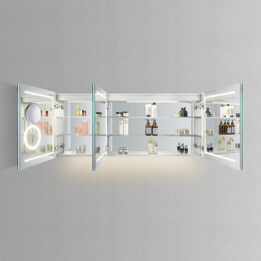 Hipp Design Spiegelkast SPK62000 | 140x70x14 cm | 3 Deuren | Directe LED verlichting | Aluminium | Met spiegelverwarming