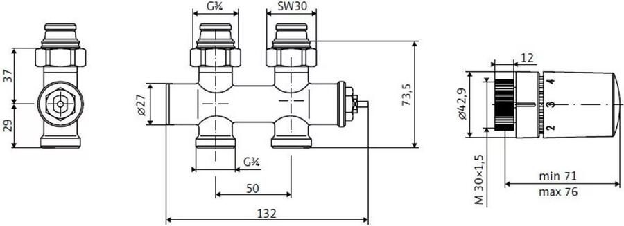 HSK compacte thermostaat midden aantsluiting chroom