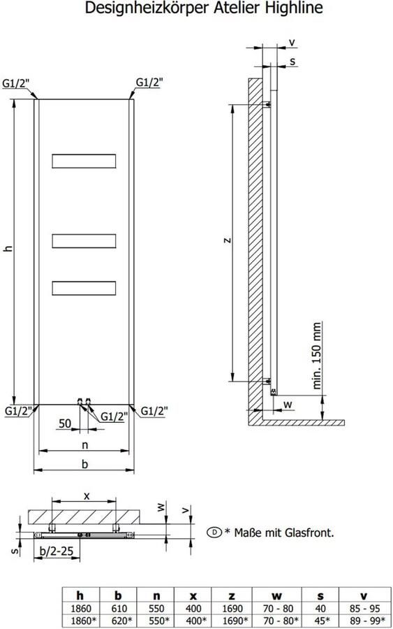 HSK Design Radiator Atelier Highline | 61x186 cm | CV radiator | Midden zij aansltuiting | 665 watt | Grafiet-zwart - Foto 3