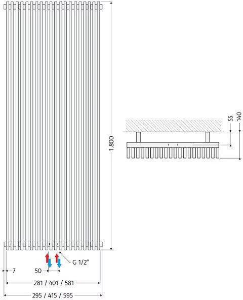 HSK Design Radiator Sky| 41.5x180 cm | CV | Midden aansluiting | 1328 watt | Zilver
