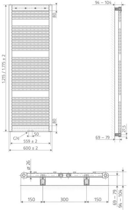 HSK Handdoekradiator Line Pro | 60x121.5 cm | CV en of electrische werking | Grafiet-zwart
