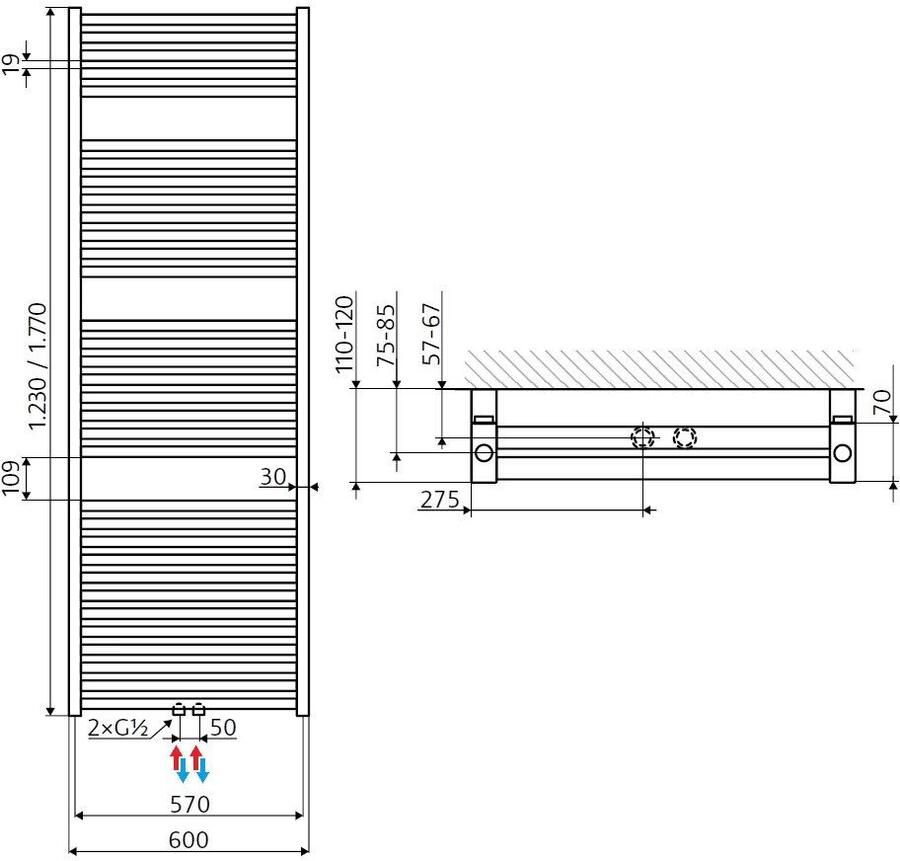 HSK Handdoekradiator Line Two | 60x123 cm | Warmwaterwerking | Grafiet-zwart