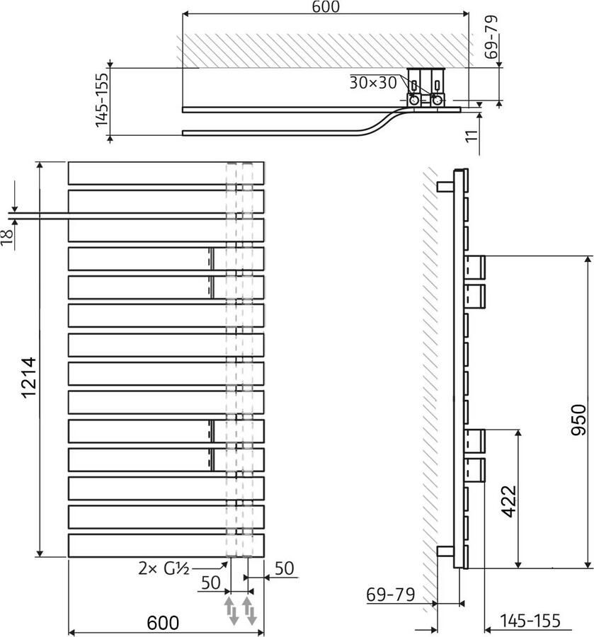 HSK Handdoekradiator Yenga | 60x121.4 cm | CV en of electrische werking | Grafiet-zwart
