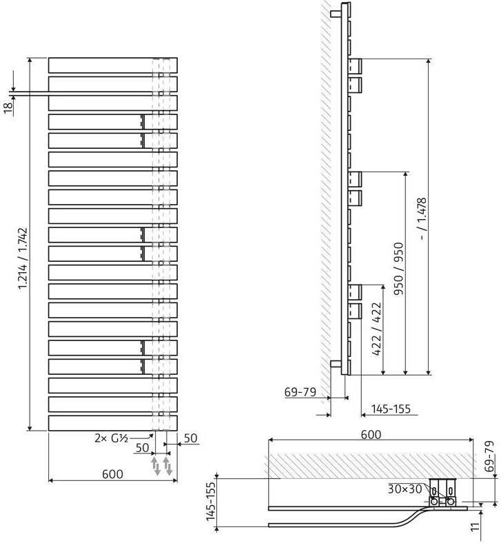 HSK Handdoekradiator Yenga | 60x174.2 cm | CV en of electrische werking | Grafiet-zwart