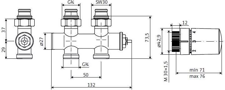 HSK radiator aansluitset | Middenaansluiting vloer | Kraanset rechts | Mat zwart