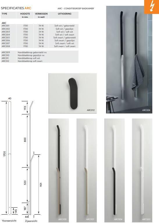 Instamat Elektrische handdoekradiator serie Arc 170 cm 34W soft wit soft zwart