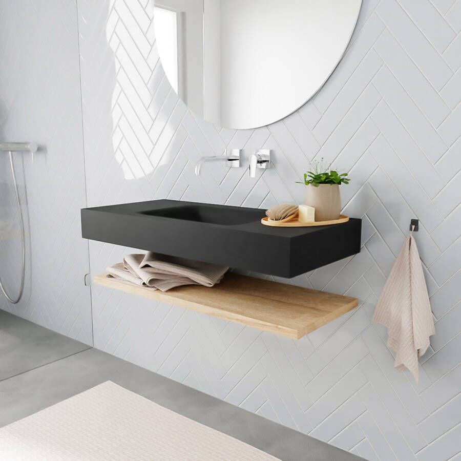 Mondiaz Alan badmeubel 100 cm planchet washed oak vrijhangend wastafel midden zonder kraangat zwart
