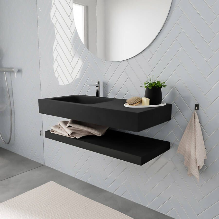 Mondiaz Alan badmeubel 100 cm solid suface planchet urban vrijhangend wastafel links 1 kraangat zwart