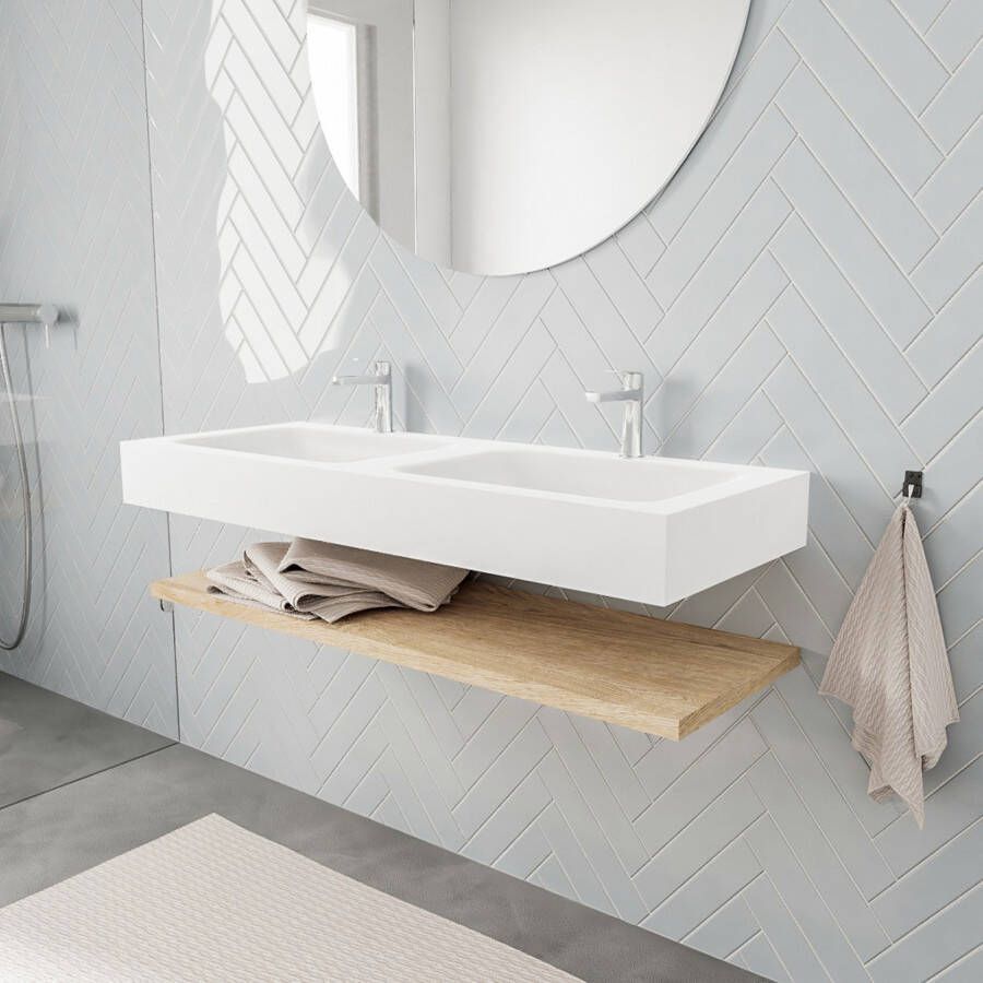 Mondiaz Alan badmeubel 120 cm planchet washed oak vrijhangend wastafel dubbel 2 kraangaten wit