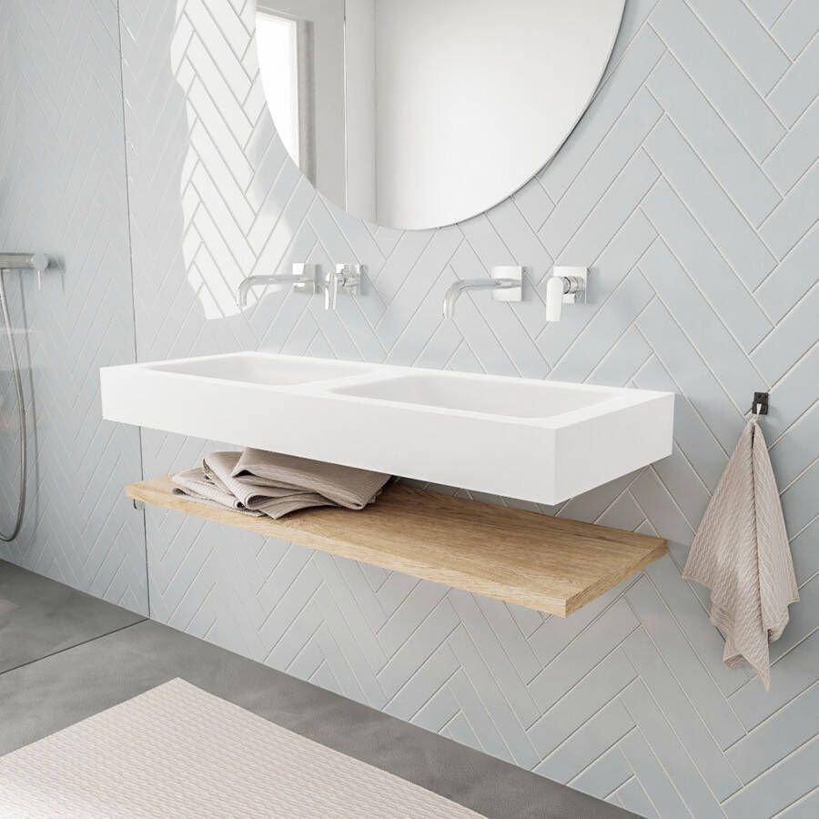 Mondiaz Alan badmeubel 120 cm planchet washed oak vrijhangend wastafel dubbel zonder kraangat wit