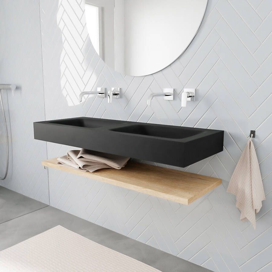 Mondiaz Alan badmeubel 120 cm planchet washed oak vrijhangend wastafel dubbel zonder kraangat zwart