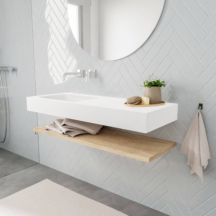 Mondiaz Alan badmeubel 120 cm planchet washed oak vrijhangend wastafel links zonder kraangat wit