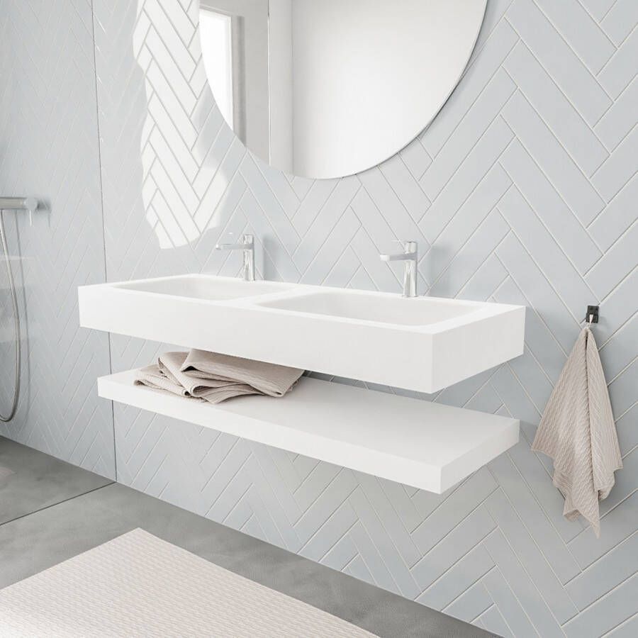 Mondiaz Alan badmeubel 120 cm solid suface planchet talc vrijhangend wastafel dubbel 2 kraangaten wit