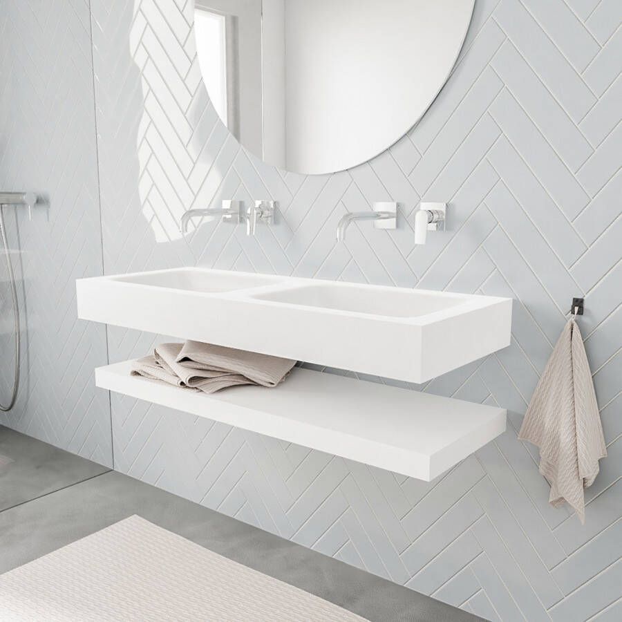 Mondiaz Alan badmeubel 120 cm solid suface planchet talc vrijhangend wastafel dubbel zonder kraangat wit