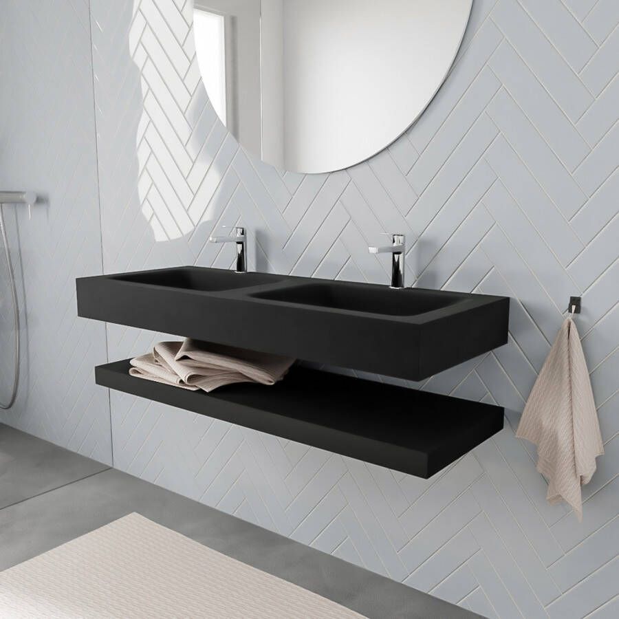 Mondiaz Alan badmeubel 120 cm solid suface planchet urban vrijhangend wastafel dubbel 2 kraangaten zwart