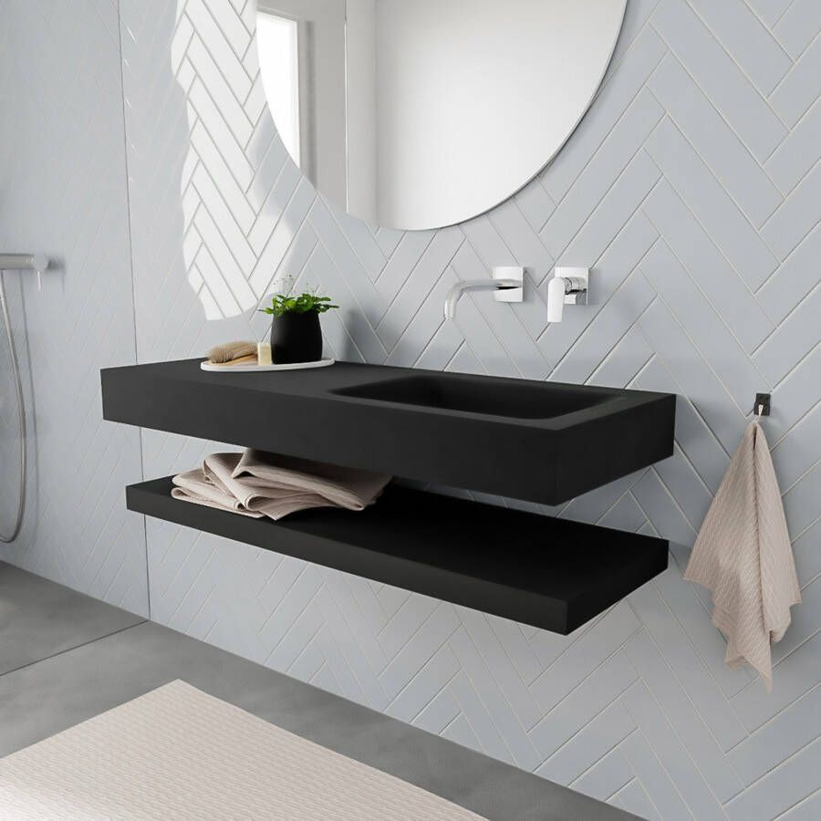 Mondiaz Alan badmeubel 120 cm solid suface planchet urban vrijhangend wastafel rechts zonder kraangat zwart