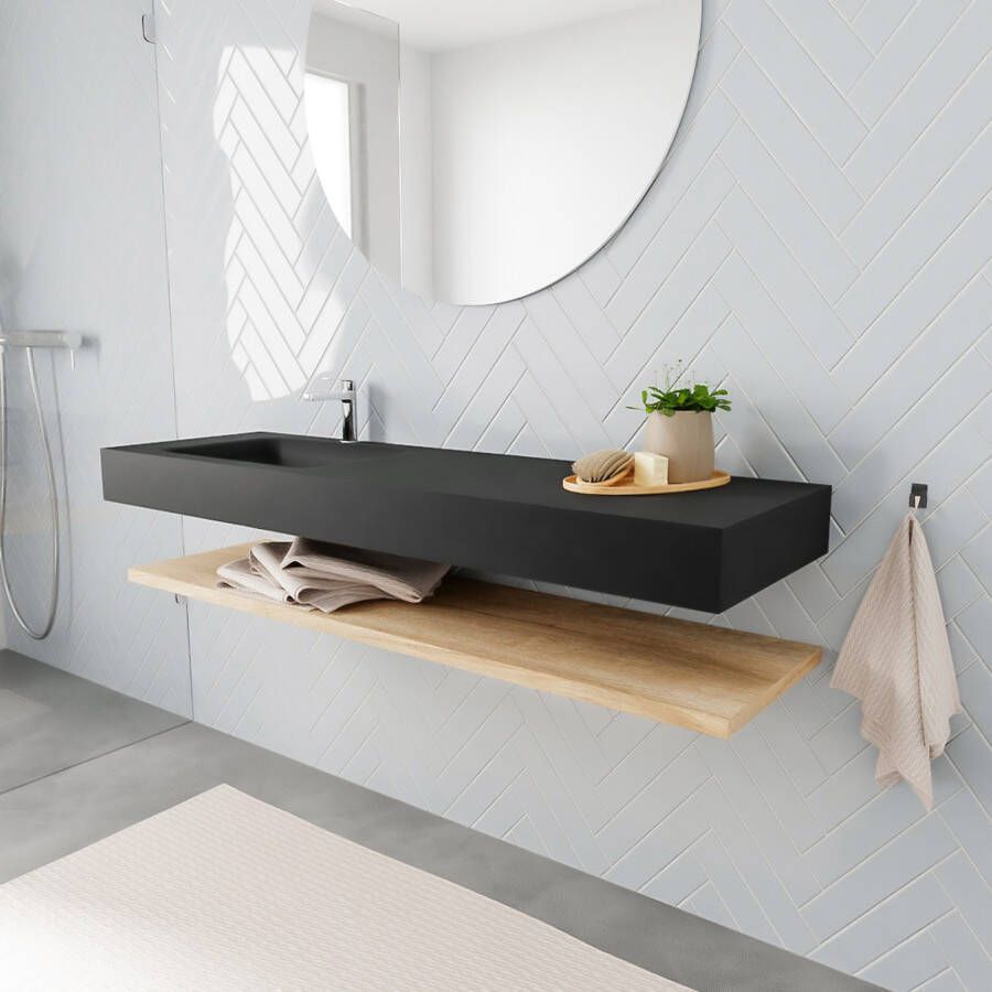 Mondiaz Alan badmeubel 150 cm planchet washed oak vrijhangend wastafel links 1 kraangat zwart