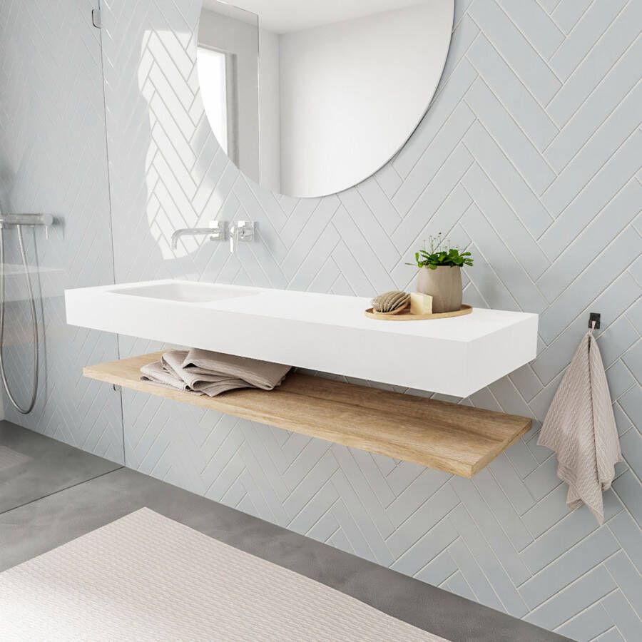 Mondiaz Alan badmeubel 150 cm planchet washed oak vrijhangend wastafel links zonder kraangat wit