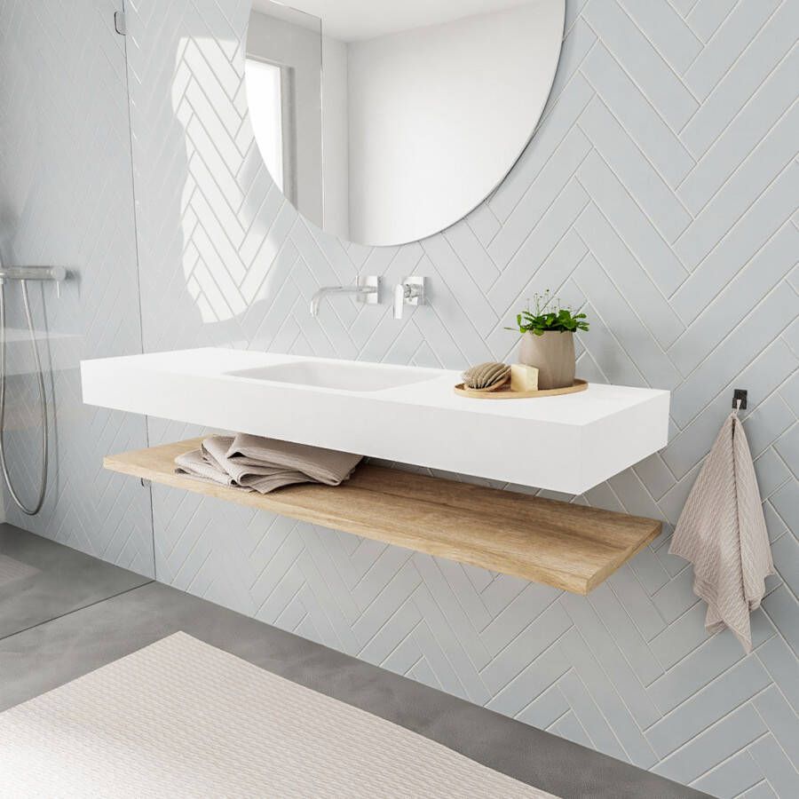Mondiaz Alan badmeubel 150 cm planchet washed oak vrijhangend wastafel midden zonder kraangat wit