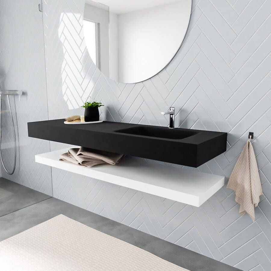 Mondiaz Alan badmeubel 150 cm solid suface planchet talc vrijhangend wastafel rechts 1 kraangat zwart