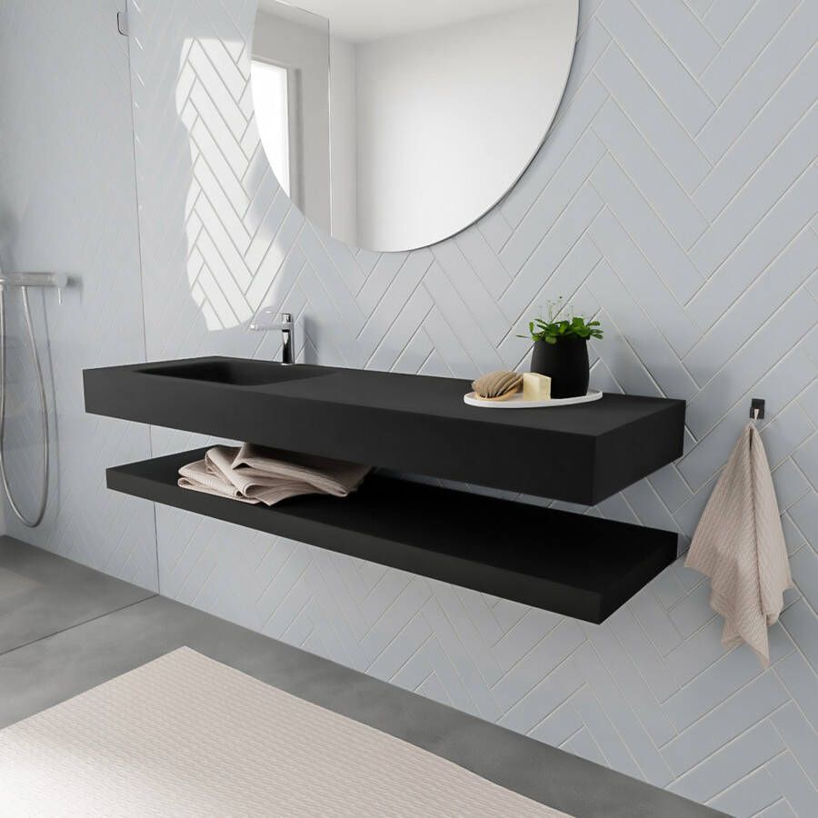 Mondiaz Alan badmeubel 150 cm solid suface planchet urban vrijhangend wastafel links 1 kraangat zwart