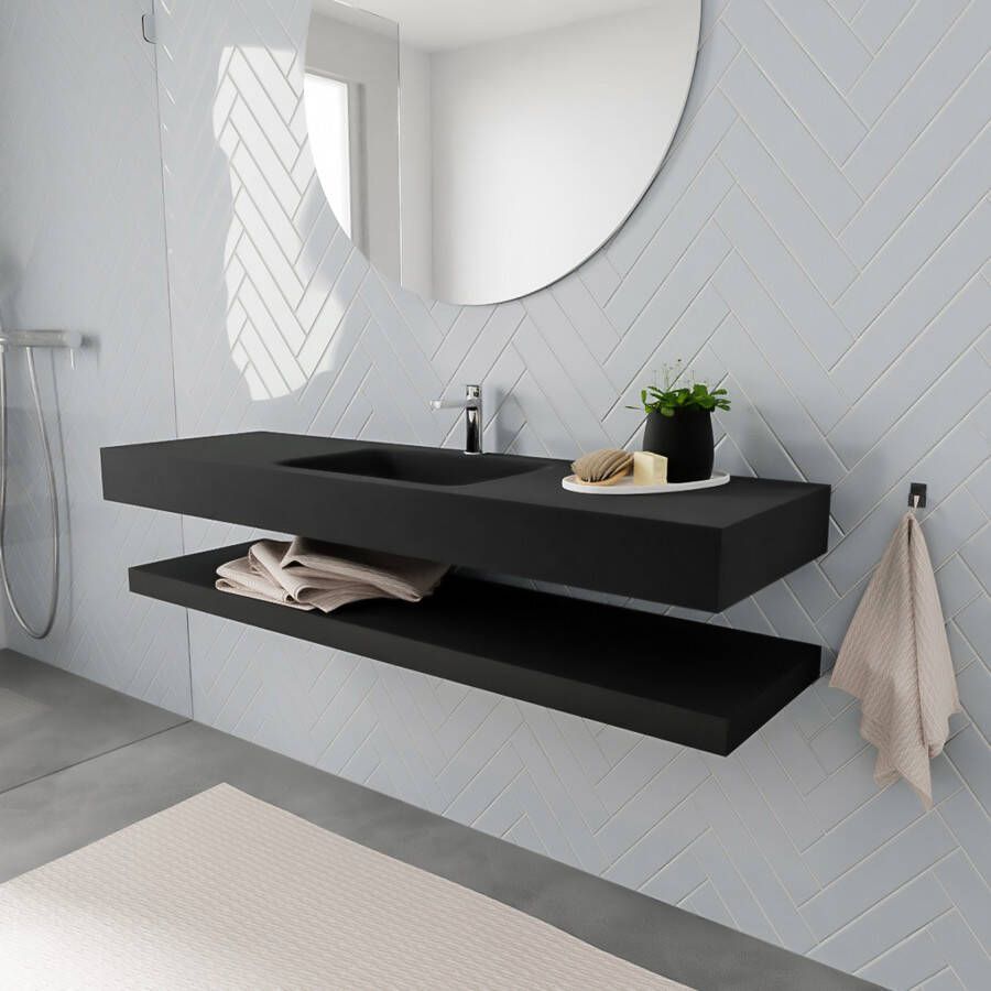 Mondiaz Alan badmeubel 150 cm solid suface planchet urban vrijhangend wastafel midden 1 kraangat zwart