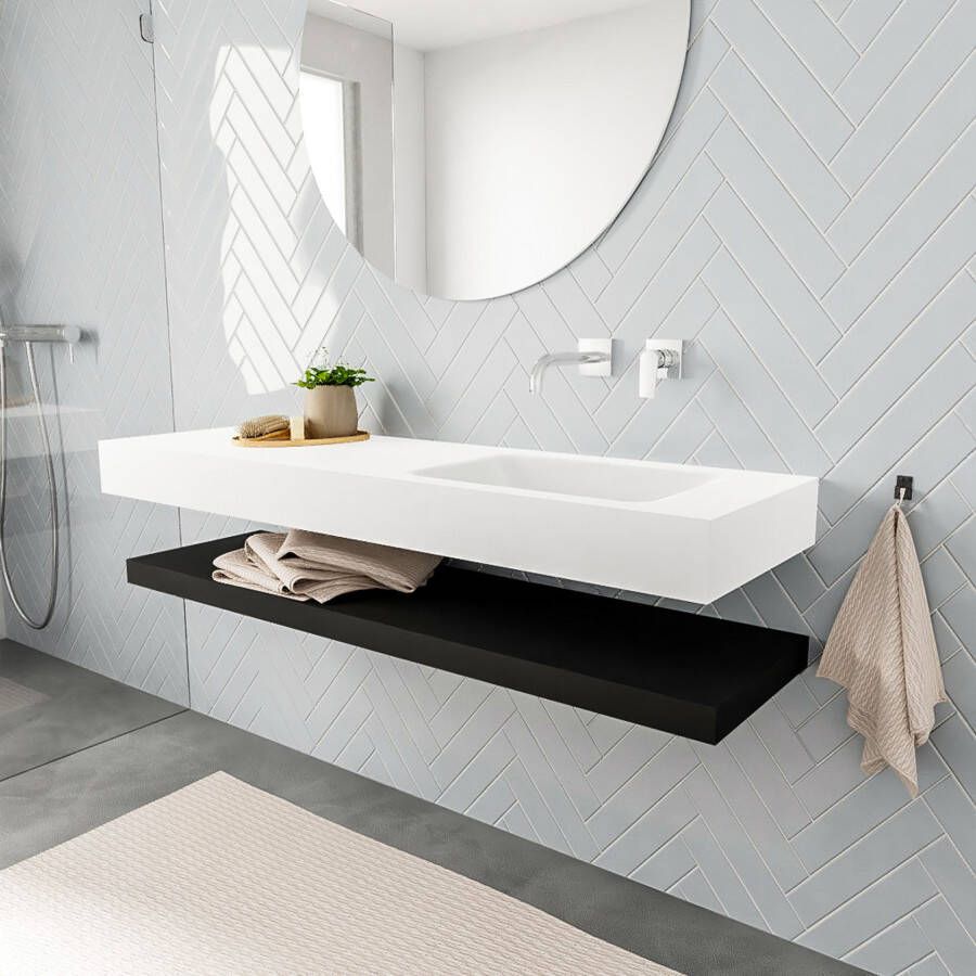 Mondiaz Alan badmeubel 150 cm solid suface planchet urban vrijhangend wastafel rechts zonder kraangat zwart