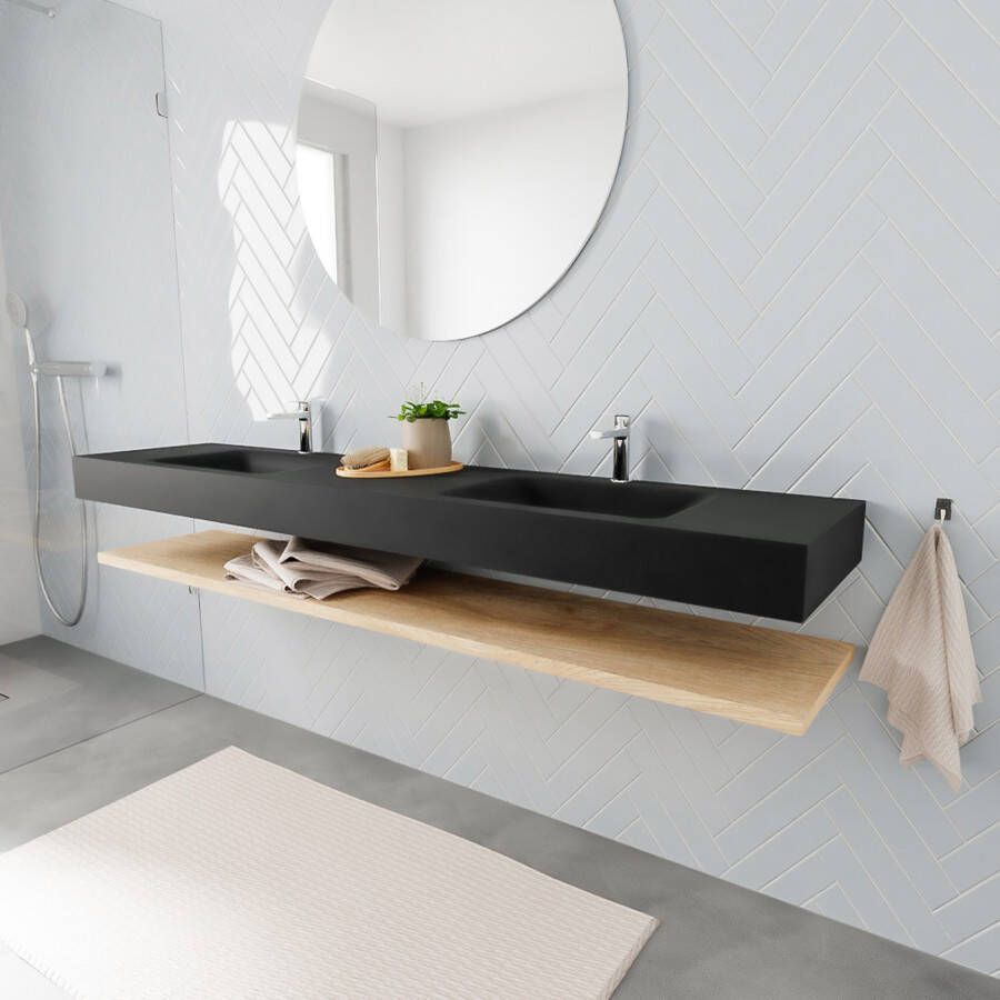 Mondiaz Alan badmeubel 200 cm planchet washed oak vrijhangend wastafel dubbel 2 kraangaten zwart