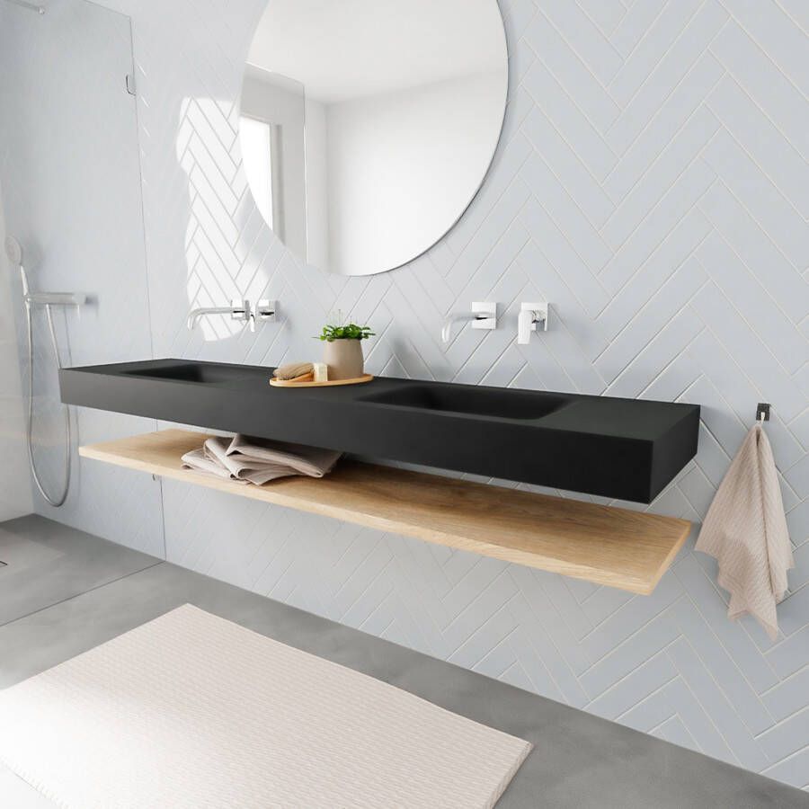 Mondiaz Alan badmeubel 200 cm planchet washed oak vrijhangend wastafel dubbel zonder kraangat zwart