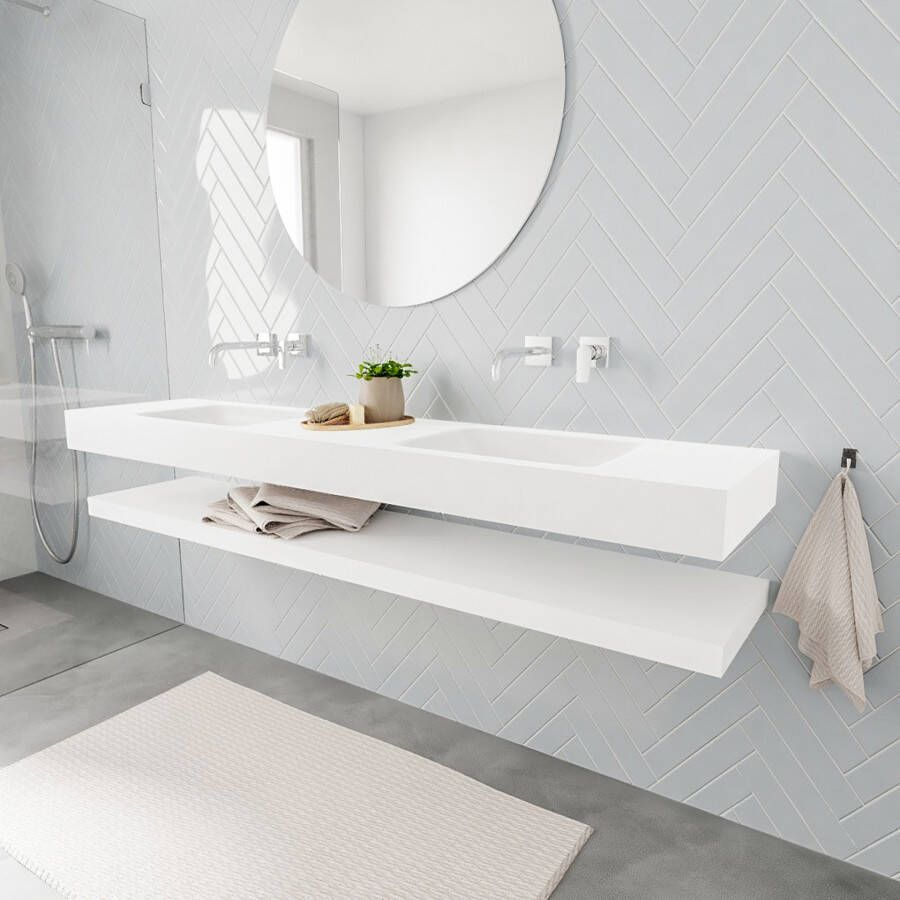Mondiaz Alan badmeubel 200 cm solid suface planchet talc vrijhangend wastafel dubbel zonder kraangat zwart