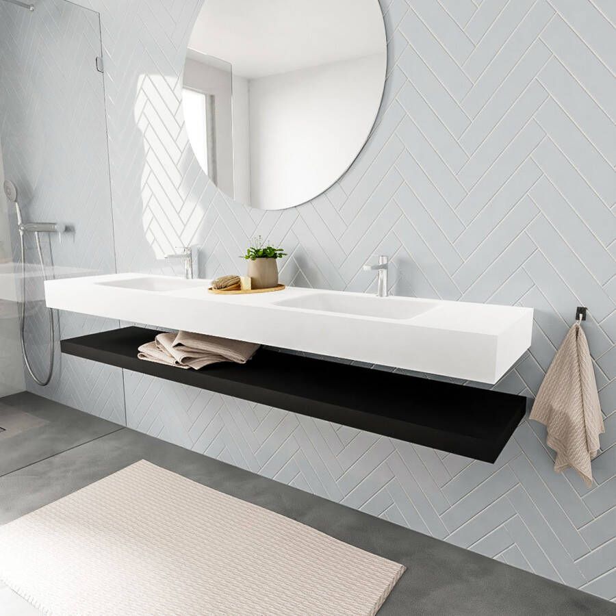 Mondiaz Alan badmeubel 200 cm solid suface planchet urban vrijhangend wastafel dubbel 2 kraangaten wit