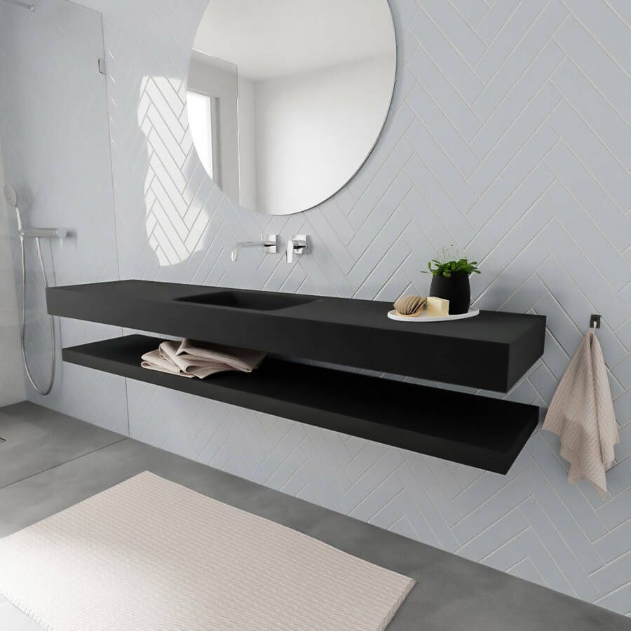 Mondiaz Alan badmeubel 200 cm solid suface planchet urban vrijhangend wastafel midden zonder kraangat wit