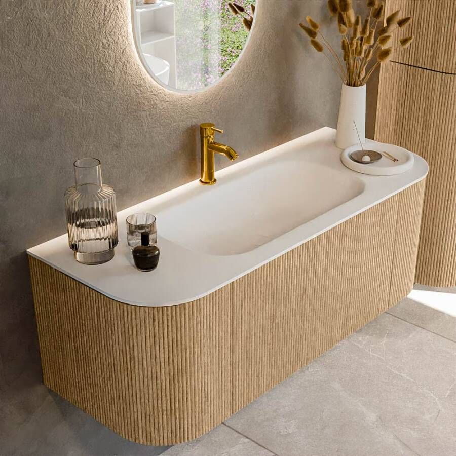 Mondiaz Badmeubel Kurve | 120 cm | Meubelkleur Oak | Wastafelkleur Talc | Midden spoelbak | 1 kraangat