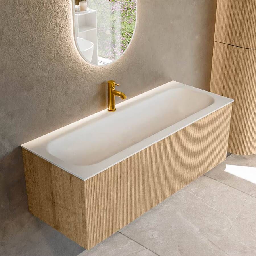 Mondiaz Badmeubel Kurve | 120 cm | Meubelkleur Oak | Wastafelkleur Talc | Midden spoelbak | 1 kraangat