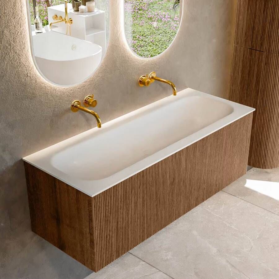 Mondiaz Badmeubel Kurve | 120 cm | Meubelkleur Walnut | Wastafelkleur Talc | Midden spoelbak | Zonder kraangaten