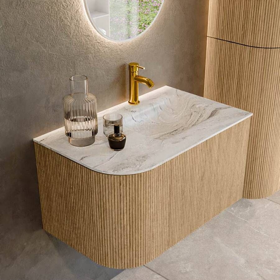 Mondiaz Badmeubel Kurve-Dlux | 75 cm | Meubelkleur Oak | Wastafelkleur Glace | Solid surface | Rechts spoelbak | 1 kraangat