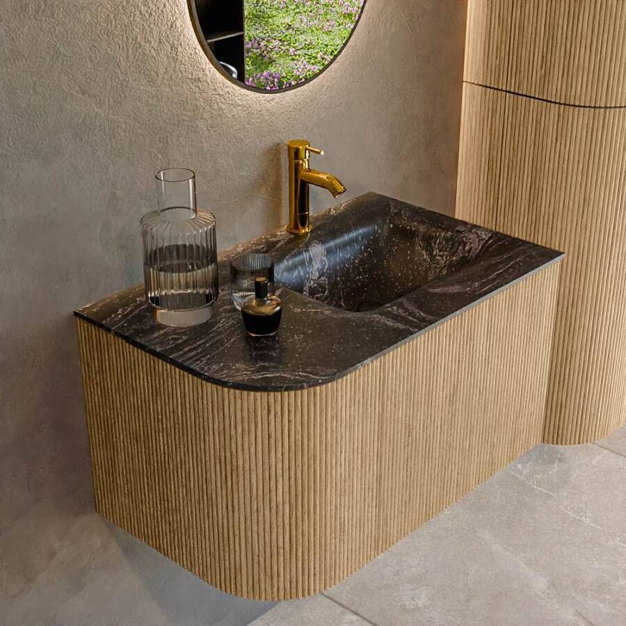 Mondiaz Badmeubel Kurve-Dlux | 75 cm | Meubelkleur Oak | Wastafelkleur Lava | Solid surface | Rechts spoelbak | 1 kraangat