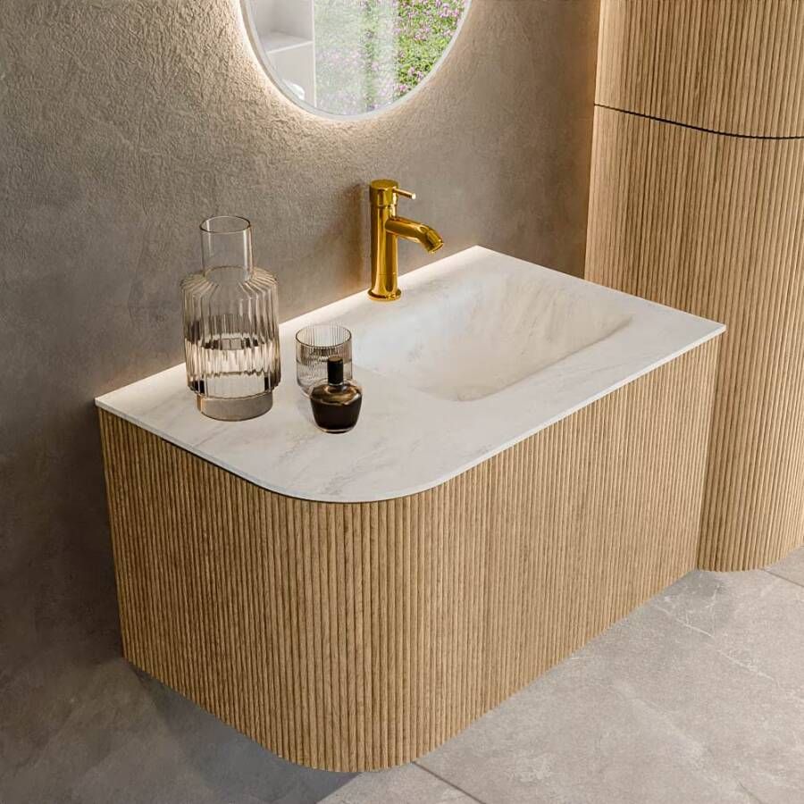 Mondiaz Badmeubel Kurve-Dlux | 75 cm | Meubelkleur Oak | Wastafelkleur Opalo | Solid surface | Rechts spoelbak | 1 kraangat