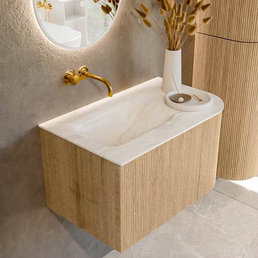 Mondiaz Badmeubel Kurve-Dlux | 75 cm | Meubelkleur Oak | Wastafelkleur Ostra | Solid surface | Links spoelbak | Zonder kraangat(en)