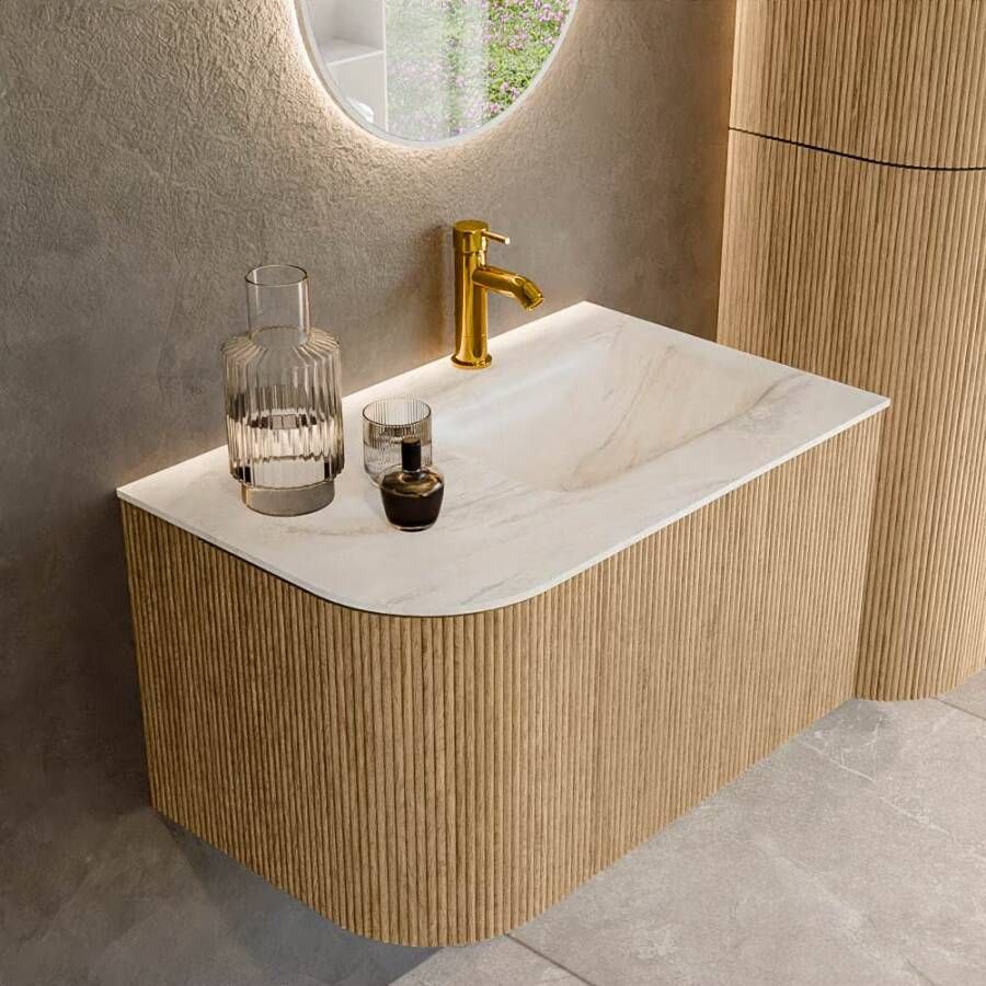 Mondiaz Badmeubel Kurve-Dlux | 75 cm | Meubelkleur Oak | Wastafelkleur Ostra | Solid surface | Rechts spoelbak | 1 kraangat
