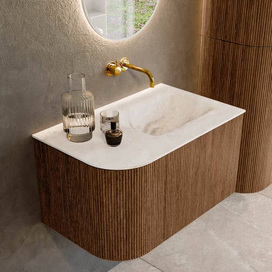 Mondiaz Badmeubel Kurve-Dlux | 75 cm | Meubelkleur Walnut | Wastafelkleur Frappe | Solid surface | Rechts spoelbak | Zonder kraangat(en)